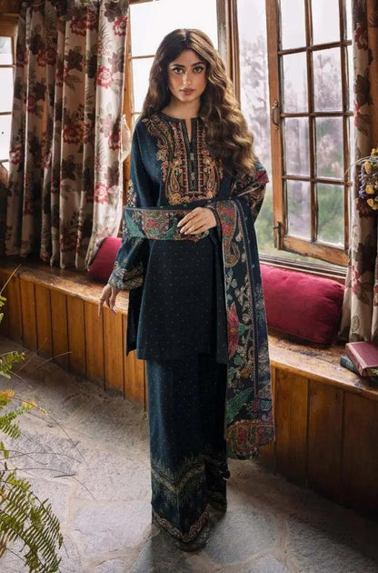 Sapphire - 3PC Unstitched Khaddar Printed and Embroidered Front with Printed Shawl and Printed Trouser - RF1234 Royal Pret