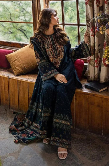 Sapphire - 3PC Unstitched Khaddar Printed and Embroidered Front with Printed Shawl and Printed Trouser - RF1234 Royal Pret