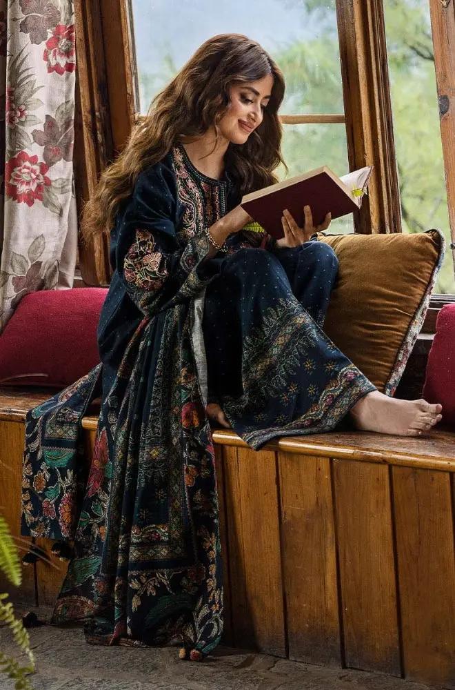 Sapphire - 3PC Unstitched Khaddar Printed and Embroidered Front with Printed Shawl and Printed Trouser - RF1234 Royal Pret