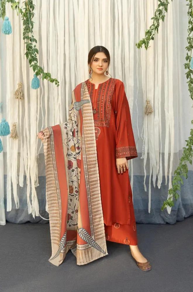 URGE - 3PC Unstitched Khaddar Embroidered Shirt with Digital Printed Dupatta and Embroidered Trouser- RF1140 royalpret