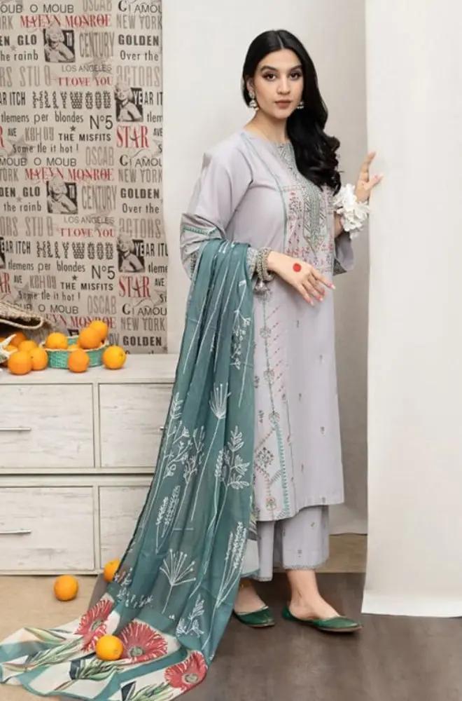 Urge - 3PC Unstitched Dhanak Embroidered Shirt with Printed Pashmina Shawl and Embroidered Trouser - RF1186 royalpret