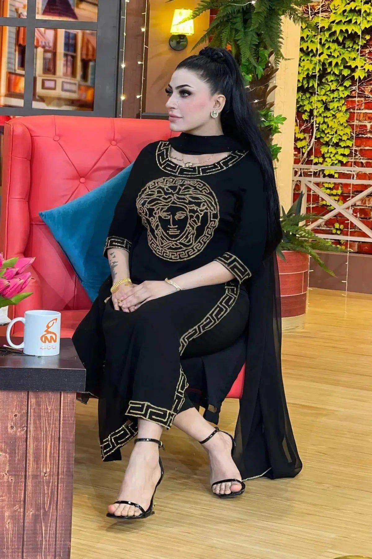 Versace - 3PC Unstitched Shamooz Silk Embroidered Shirt with Bamber Chiffon Dupatta and Plain Trousers - RF0842 royalpret