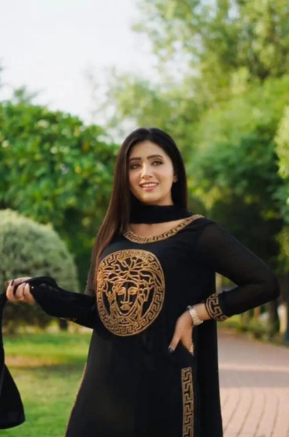 Versace - 3PC Unstitched Shamooz Silk Embroidered Shirt with Bamber Chiffon Dupatta and Plain Trousers - RF0842 royalpret