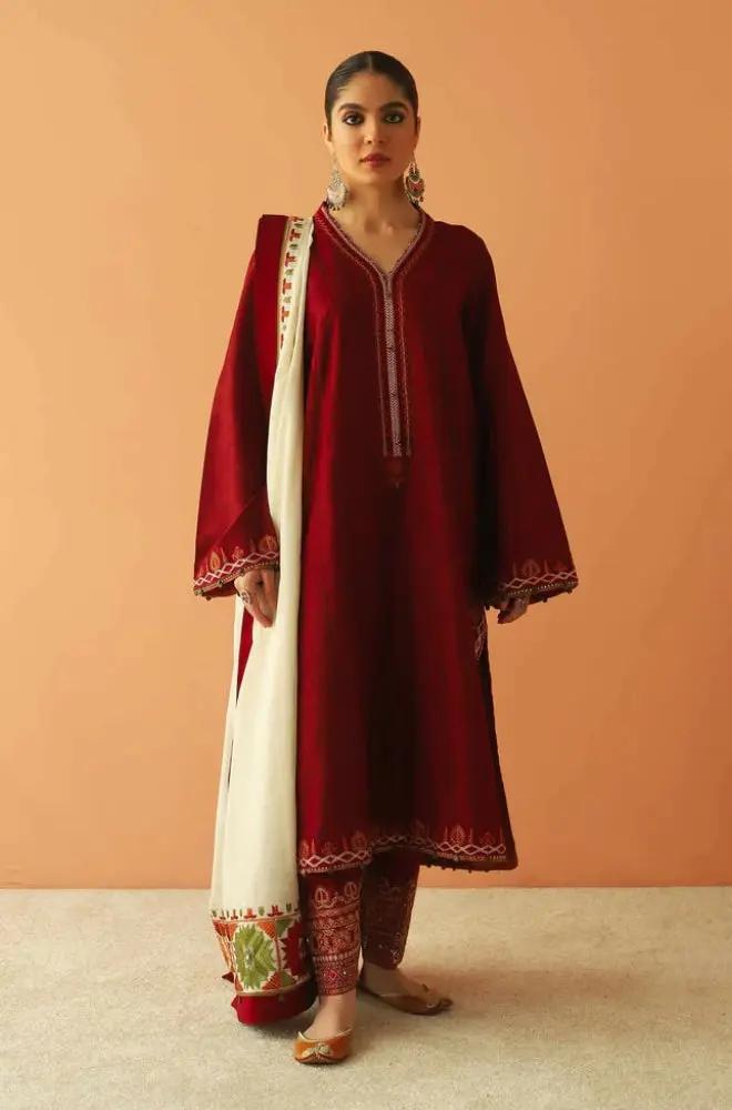 Zara Shah Jahan - 3PC Unstitched Dhanak Embroidered Shirt with Embroidered Dhanak Shawl and Trouser- RF1142 royalpret