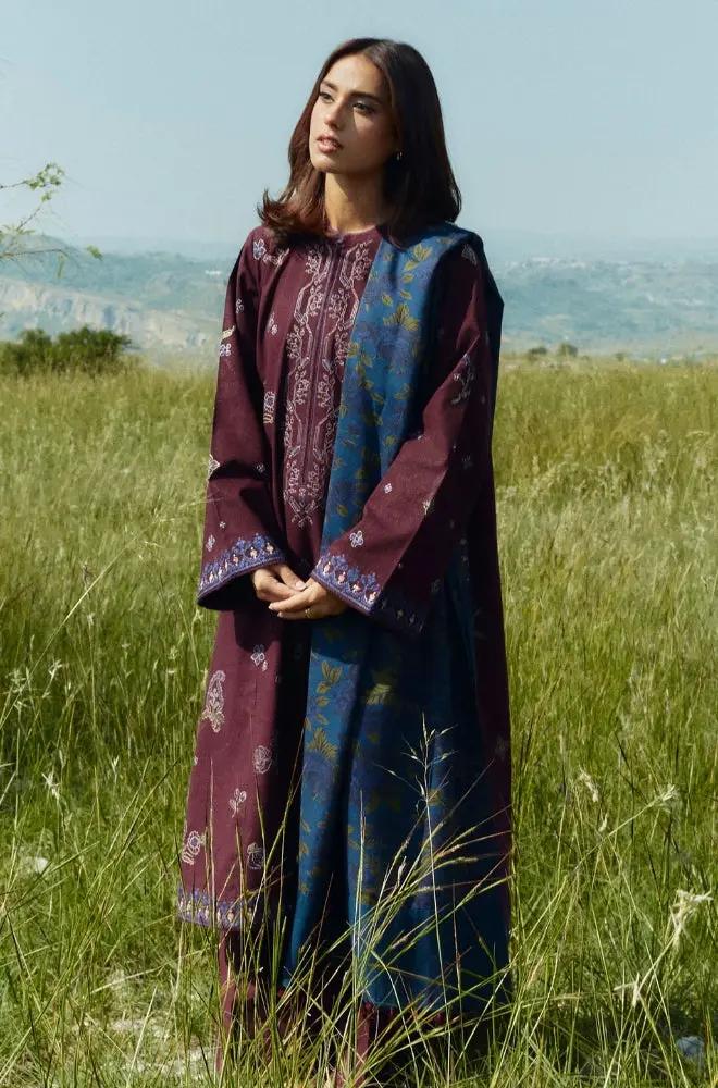 Zara Shah Jahan - 3PC Unstitched Dhanak Embroidered Shirt with Printed Pashmina Shawl and Trouser - RF1254 Royal Pret