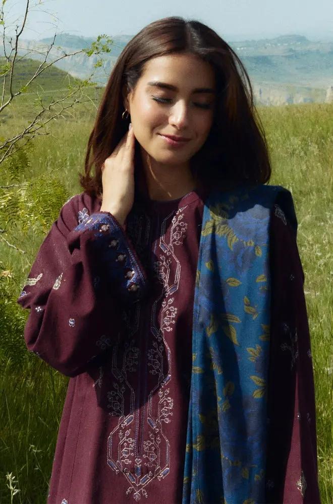 Zara Shah Jahan - 3PC Unstitched Dhanak Embroidered Shirt with Printed Pashmina Shawl and Trouser - RF1254 Royal Pret