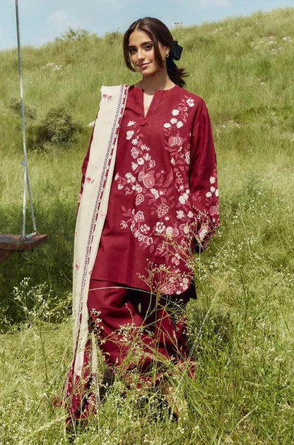 Zara Shah Jahan - 3PC Unstitched Dhanak Embroidered Shirt with Printed Pashmina Shawl and Trouser - RF1257 Royal Pret