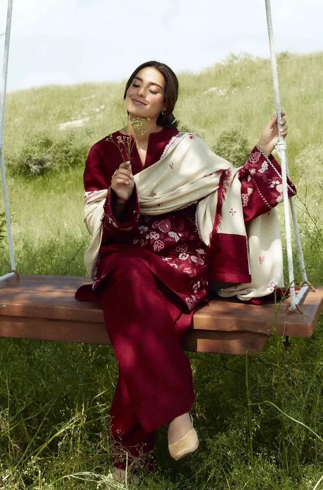 Zara Shah Jahan - 3PC Unstitched Dhanak Embroidered Shirt with Printed Pashmina Shawl and Trouser - RF1257 Royal Pret