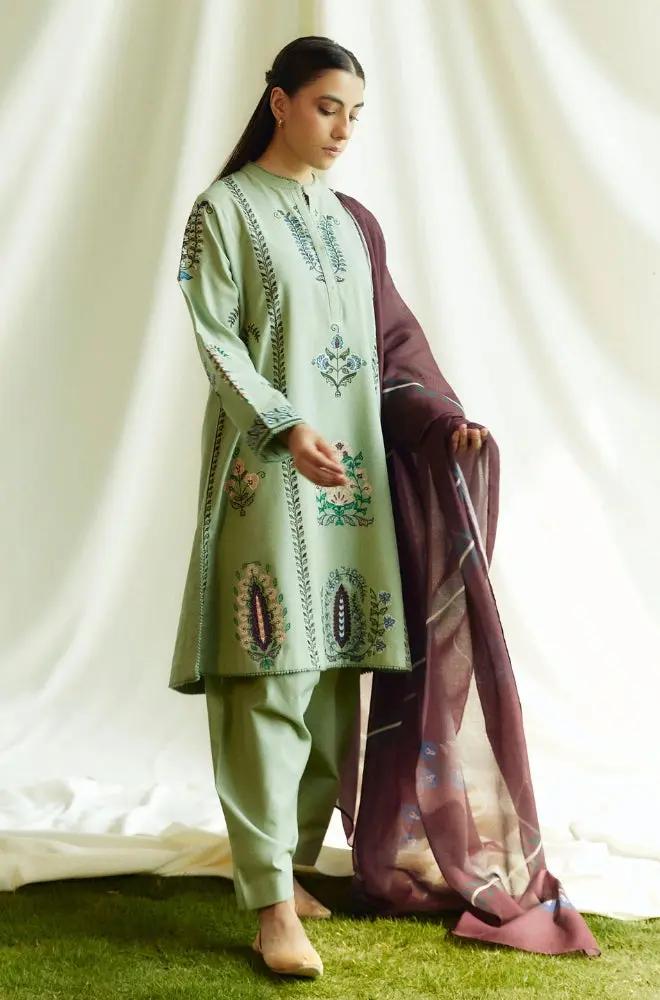 Zara Shah Jahan - 3PC Unstitched Dhanak Embroidered Shirt with Printed Pashmina Shawl and Trouser - RF1258 Royal Pret