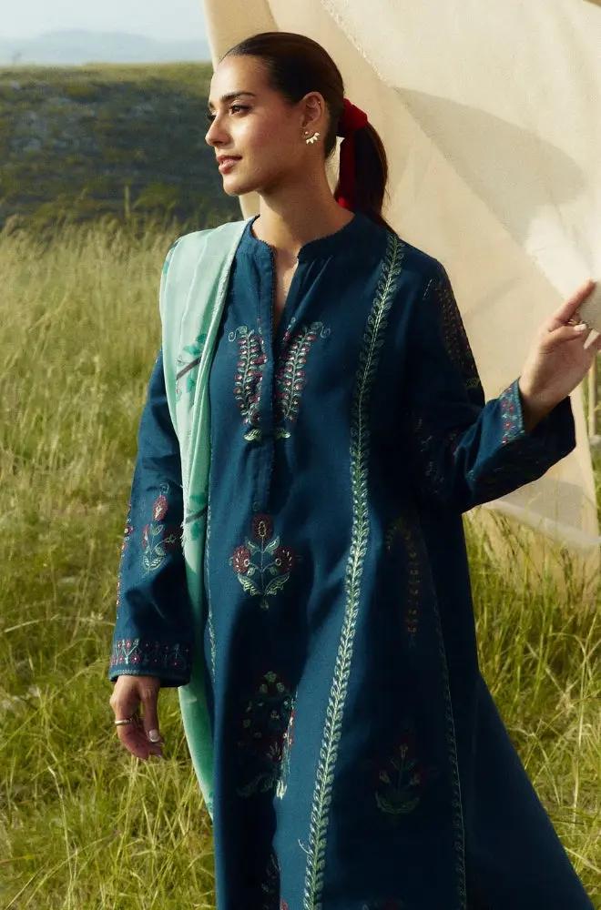 Zara Shah Jahan - 3PC Unstitched Dhanak Embroidered Shirt with Printed Pashmina Shawl and Trouser - RF1260 Royal Pret