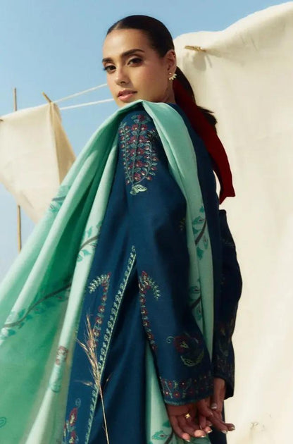 Zara Shah Jahan - 3PC Unstitched Dhanak Embroidered Shirt with Printed Pashmina Shawl and Trouser - RF1260 Royal Pret