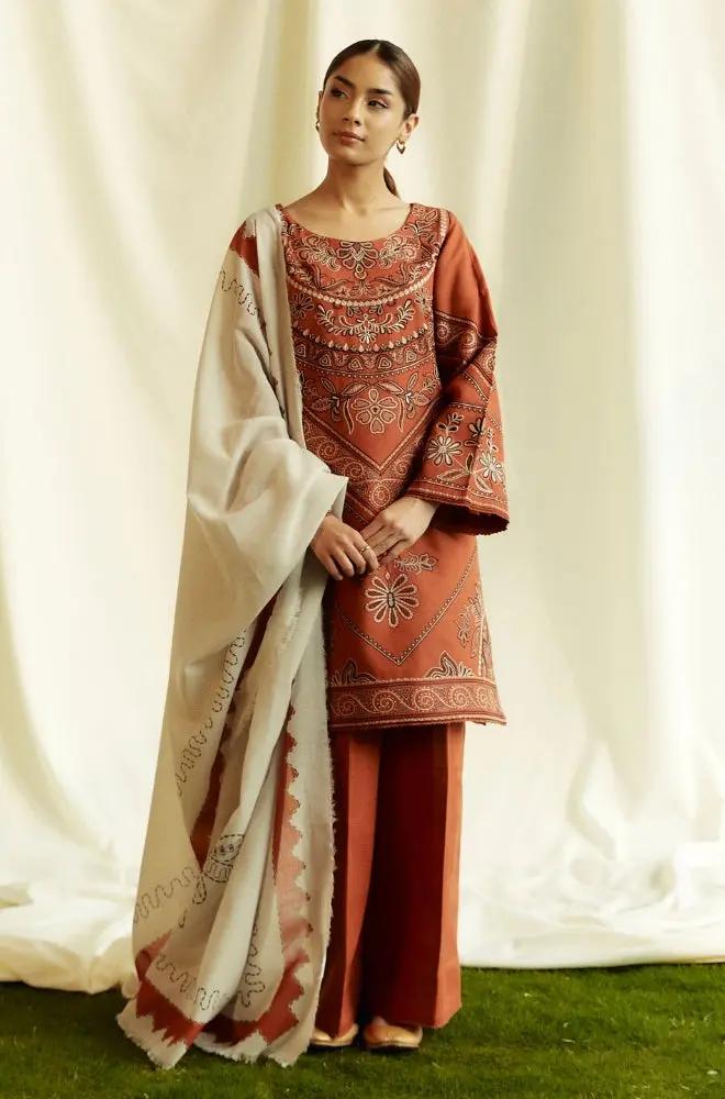 Zara Shah Jahan - 3PC Unstitched Dhanak Embroidered Shirt with Printed Pashmina Shawl and Trouser - RF1261 Royal Pret