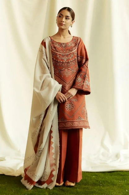Zara Shah Jahan - 3PC Unstitched Dhanak Embroidered Shirt with Printed Pashmina Shawl and Trouser - RF1261 Royal Pret