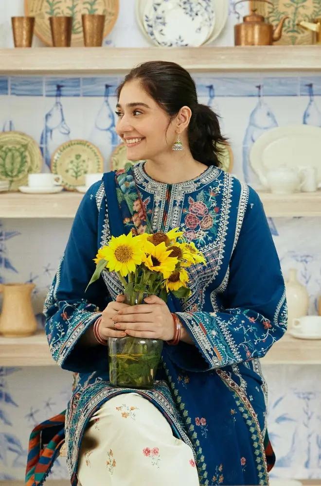 Zara Shah Jahan - 3PC Unstitched Lawn Embroidered Shirt with Digital Printed Khadi Net Dupatta and Embroidered Trousers - RF1085 royalpret