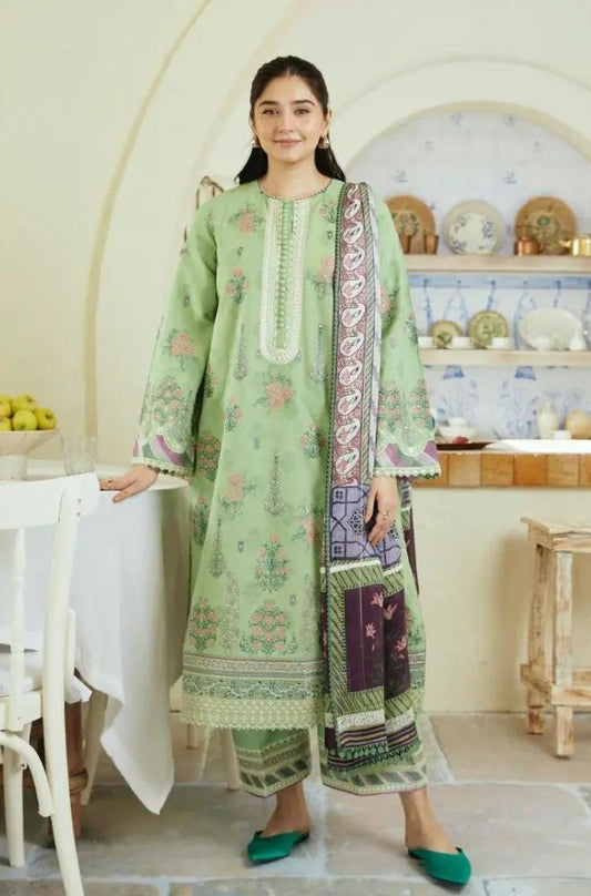 Zara Shah Jahan - 3PC Unstitched Lawn Embroidered Shirt with Digital Printed Silk Dupatta and Embroidered Trousers - RF1075 royalpret