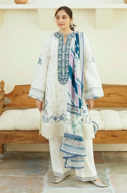 Zara Shah Jahan - 3PC Unstitched Lawn Embroidered Shirt with Digital Printed Silk Dupatta and Embroidered Trousers - RF1086 royalpret