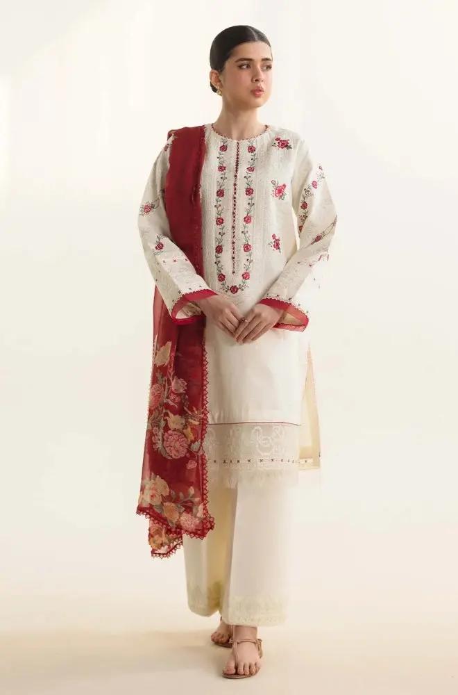 Zara Shah Jahan - 3PC unstiched Lawn Embroidered Shirt With Printed Slub net Dupatta and Plan Trouser - RF1101 royalpret
