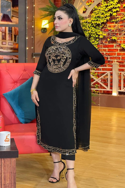 Versace - 3PC Unstitched Shamooz Silk Embroidered Shirt with Bamber Chiffon Dupatta and Plain Trousers - RF0842